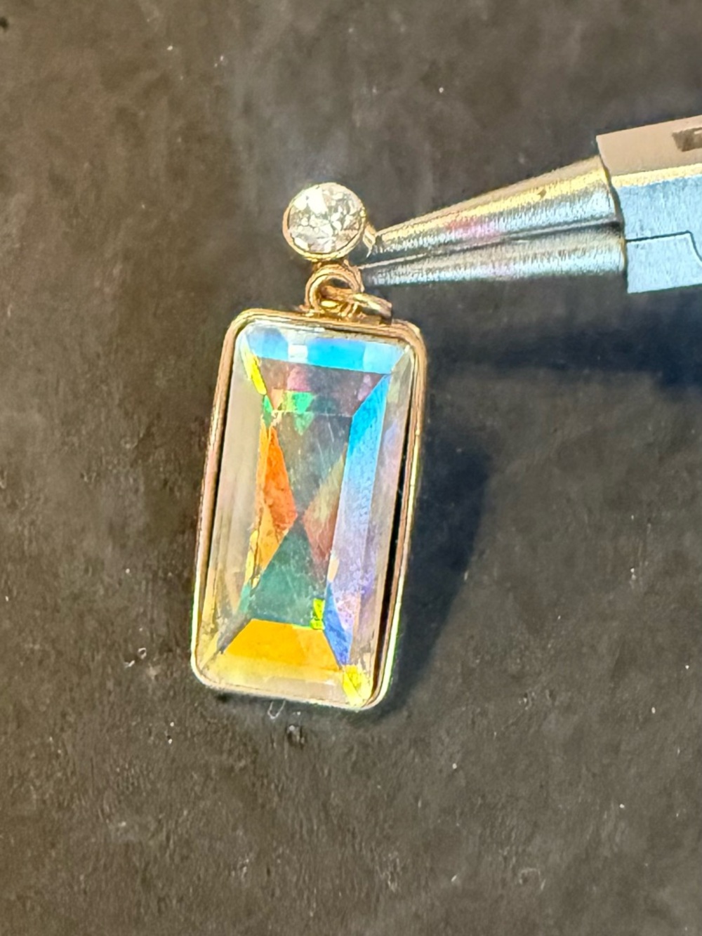 Gold Pendant Necklace with Iridescent Rectangular Crystal